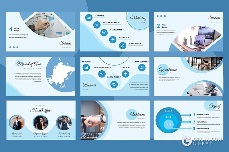 30页蓝色创意圆形弧形组合商务多用途ppt模板 - 顶尖PPT
