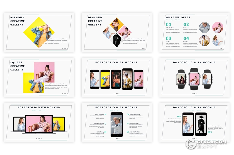 33页简约线框风格时尚模特人物介绍ppt模板 5种配色 - 顶尖PPT