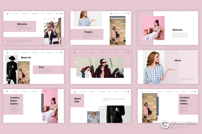 50页国外简约文艺风格模特写真展示PPT模板 - 顶尖PPT