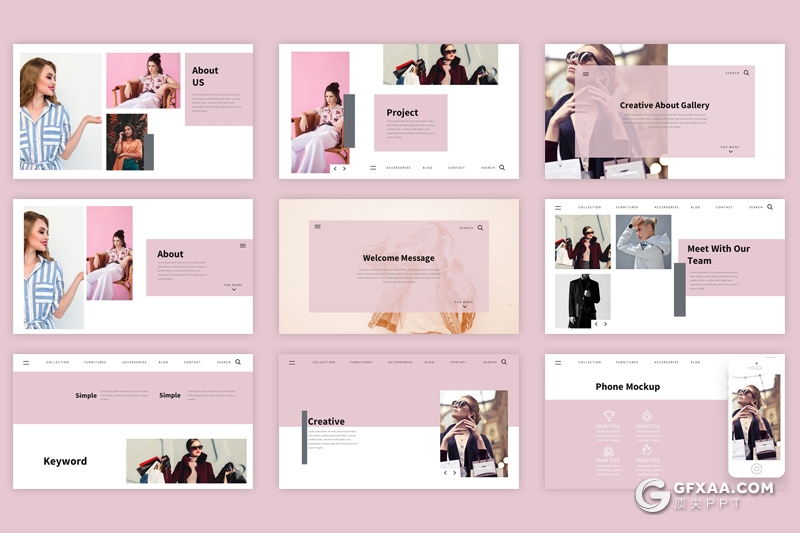 50页国外简约文艺风格模特写真展示PPT模板 - 顶尖PPT