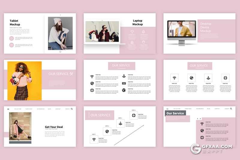 50页国外简约文艺风格模特写真展示PPT模板 - 顶尖PPT