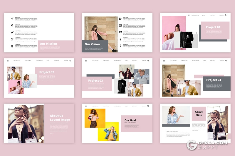 50页国外简约文艺风格模特写真展示PPT模板 - 顶尖PPT