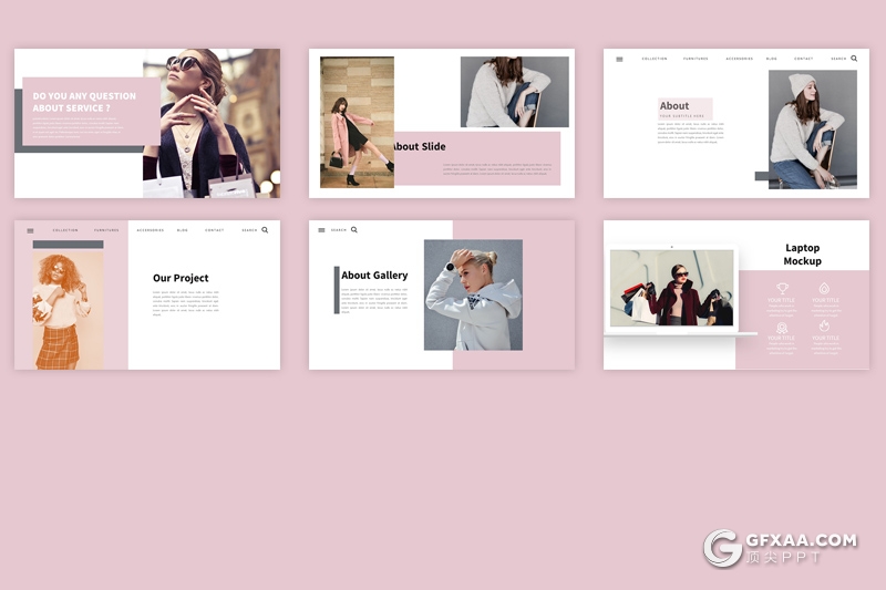 50页国外简约文艺风格模特写真展示PPT模板 - 顶尖PPT