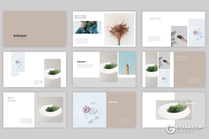 32页国外极简文艺小清新风格静态摄影图片展示PPT模板 - 顶尖PPT