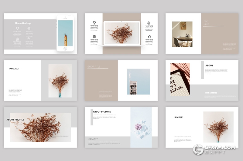 32页国外极简文艺小清新风格静态摄影图片展示PPT模板 - 顶尖PPT