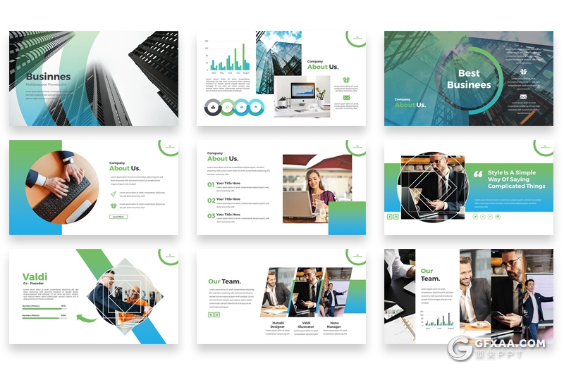 61页蓝绿渐变配色欧美商务多用途Google slides模板 - 顶尖PPT