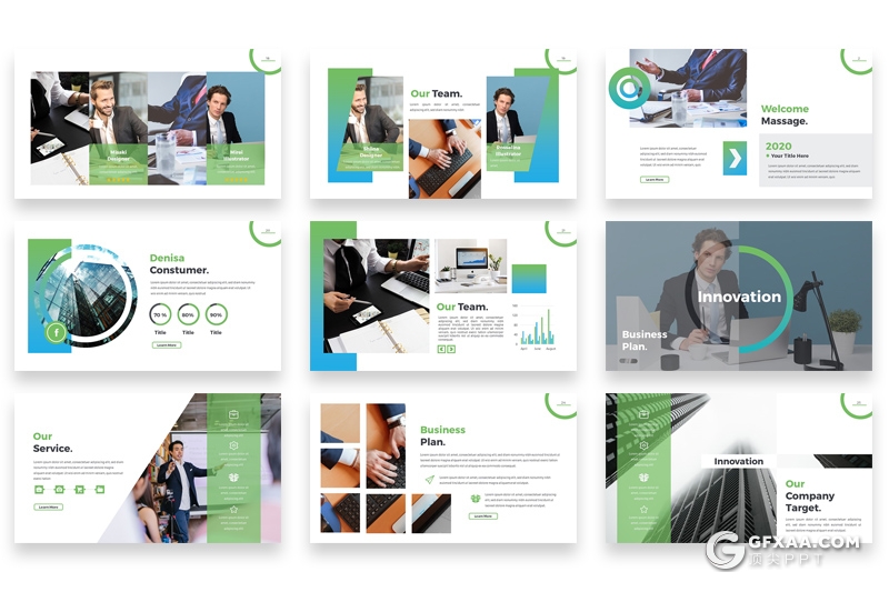 61页蓝绿渐变配色欧美商务多用途Google slides模板 - 顶尖PPT