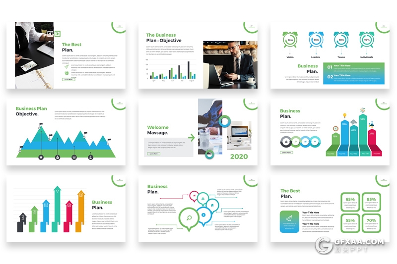 61页蓝绿渐变配色欧美商务多用途Google slides模板 - 顶尖PPT