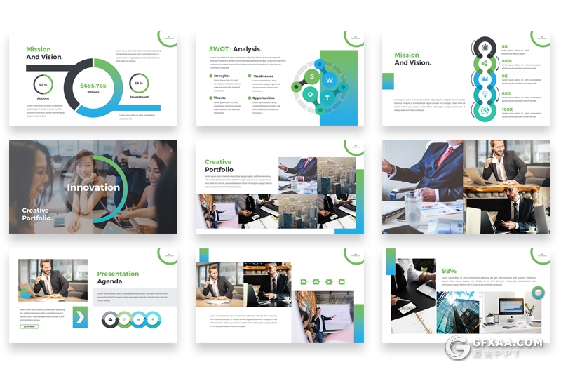 61页蓝绿渐变配色欧美商务多用途Google slides模板 - 顶尖PPT