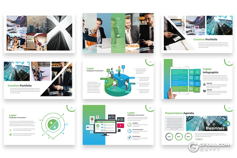 61页蓝绿渐变配色欧美商务多用途Google slides模板 - 顶尖PPT