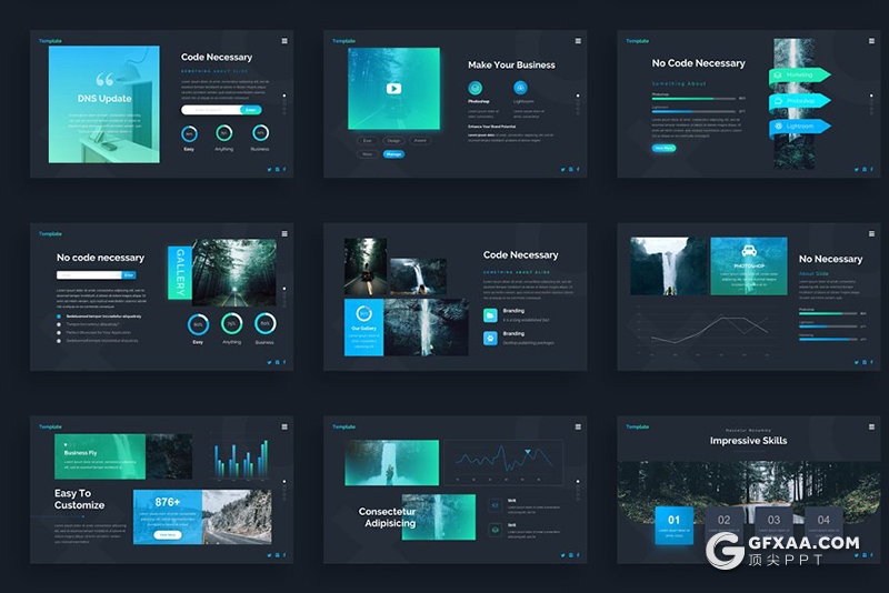 144页黑底蓝绿渐变高端商务PPT模板商务逻辑图形设计PPT模板 - 顶尖PPT