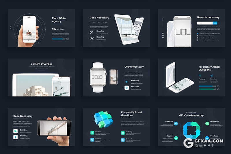 144页黑底蓝绿渐变高端商务PPT模板商务逻辑图形设计PPT模板 - 顶尖PPT