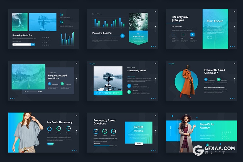 144页黑底蓝绿渐变高端商务PPT模板商务逻辑图形设计PPT模板 - 顶尖PPT