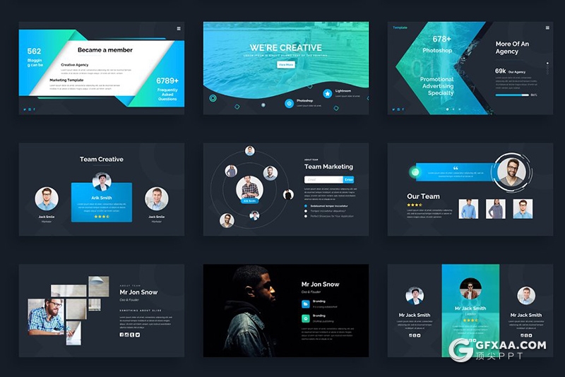 144页黑底蓝绿渐变高端商务PPT模板商务逻辑图形设计PPT模板 - 顶尖PPT