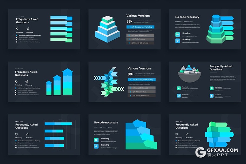 144页黑底蓝绿渐变高端商务PPT模板商务逻辑图形设计PPT模板 - 顶尖PPT