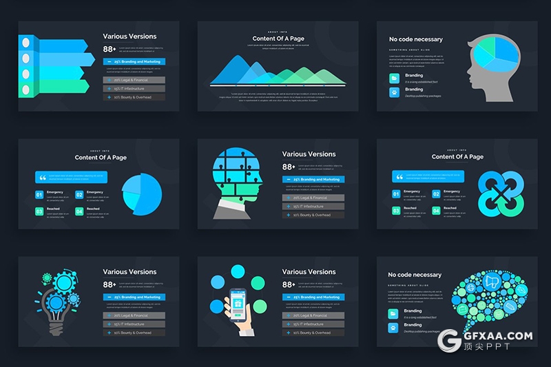 144页黑底蓝绿渐变高端商务PPT模板商务逻辑图形设计PPT模板 - 顶尖PPT