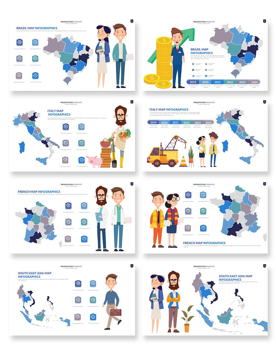 卡通人物插画世界国家地图PPT模板 - 顶尖PPT