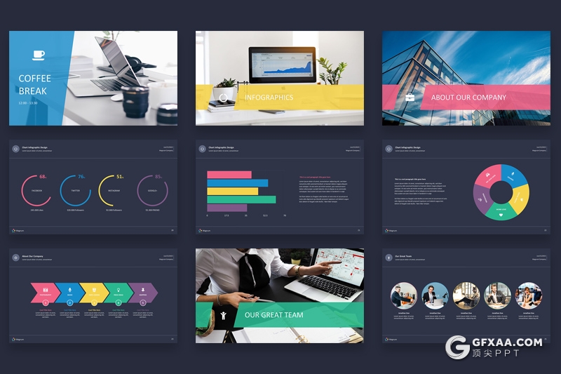 43页多色搭配商务工作计划汇报PPT模板 黑白两种底色 - 顶尖PPT