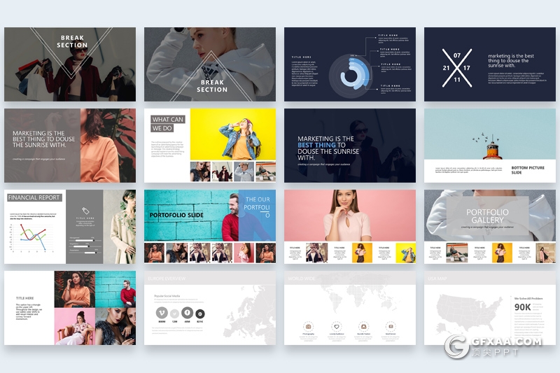 85页简约时尚风格模特写真服装图片展示PPT模板 - 顶尖PPT