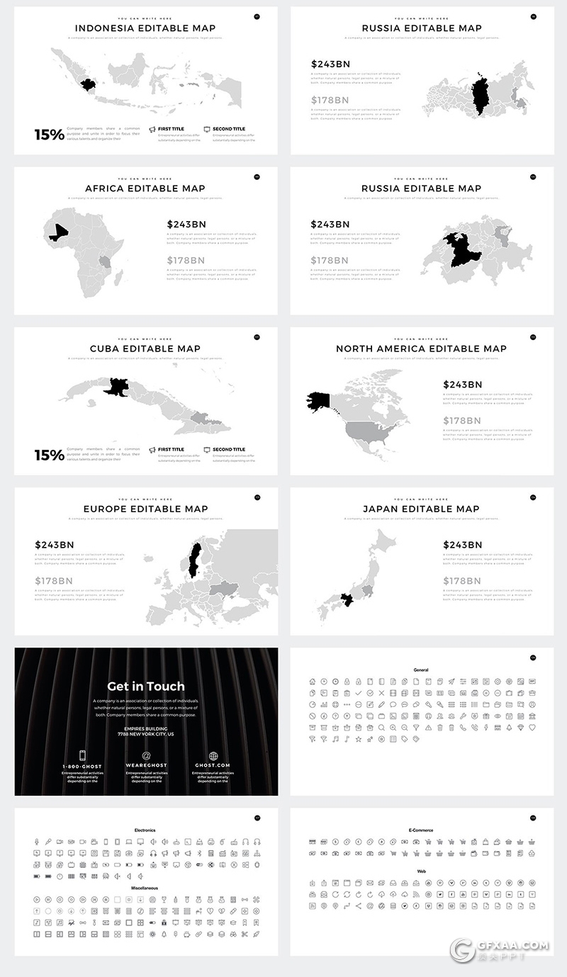 110页简约时尚风格商务通用PPT模板 包含多个国家地图ppt模板 - 顶尖PPT