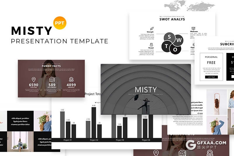 122页简约时尚风格摄影模特展示数据分析统计PPT模板 - 顶尖PPT