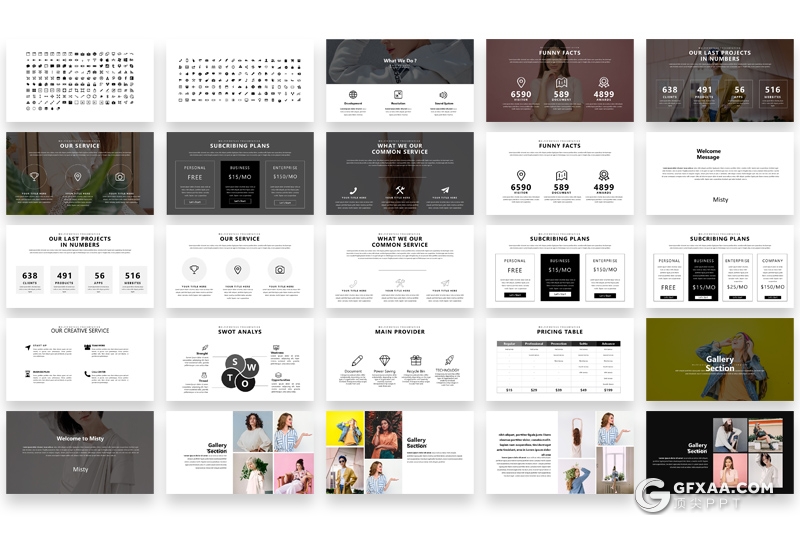 122页简约时尚风格摄影模特展示数据分析统计PPT模板 - 顶尖PPT