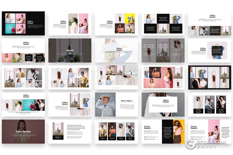 122页简约时尚风格摄影模特展示数据分析统计PPT模板 - 顶尖PPT