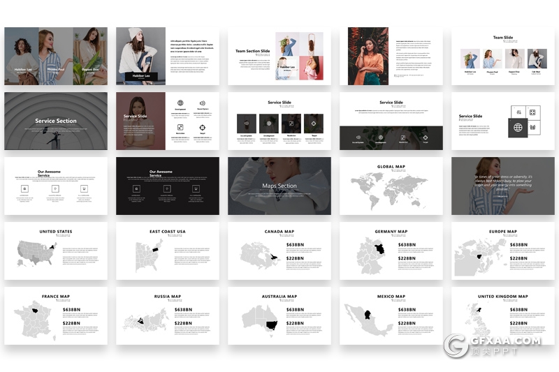 122页简约时尚风格摄影模特展示数据分析统计PPT模板 - 顶尖PPT