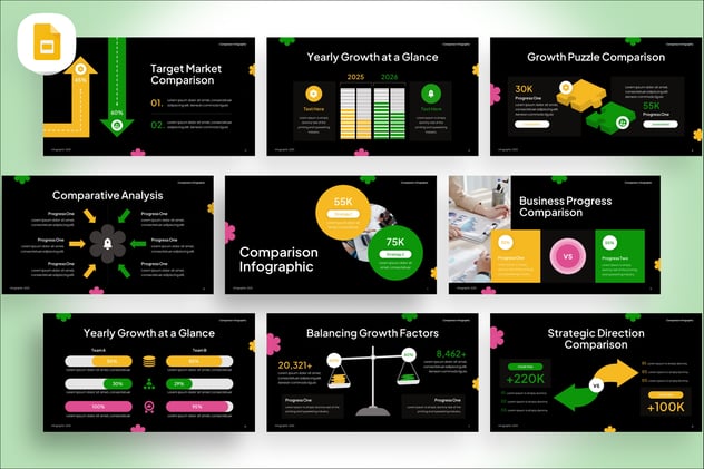 黄绿色数据比较信息图形PPT模板 - 顶尖PPT