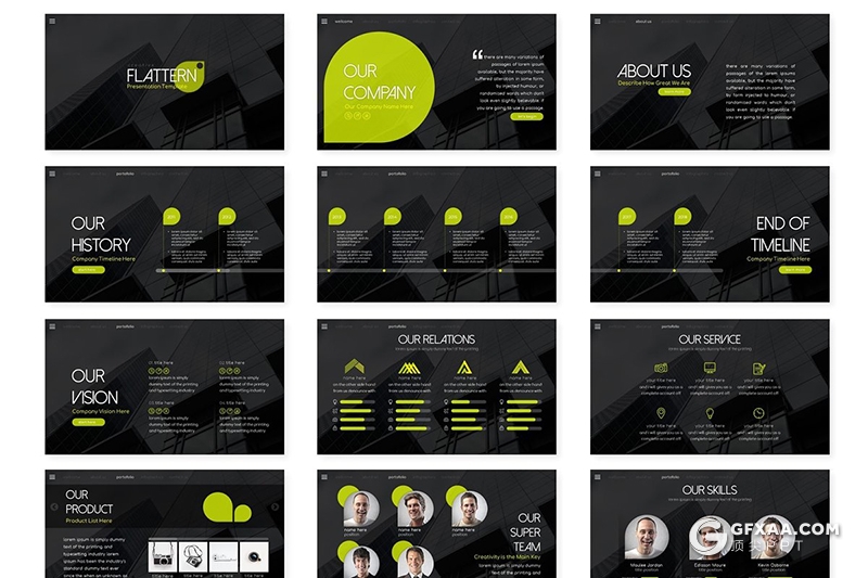 30页黑色底纹商务图形工作总结汇报PPT模板 5种主题配色 - 顶尖PPT