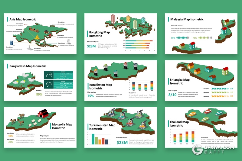 28页可编辑立体亚洲国家地图PPT模板5种主题配色 - 顶尖PPT