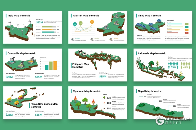 28页可编辑立体亚洲国家地图PPT模板5种主题配色 - 顶尖PPT