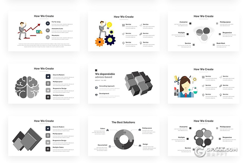 109页国外简约时尚商务通用PPT模板 创意商务图形卡通人物PPT模板 - 顶尖PPT
