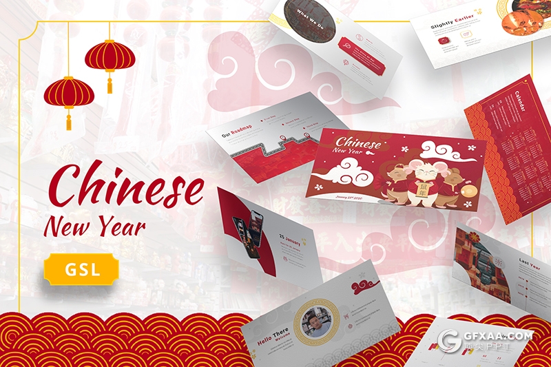 30页高端中国风喜庆2020新年快乐鼠年Google slides模板 黑白两种底色 - 顶尖PPT