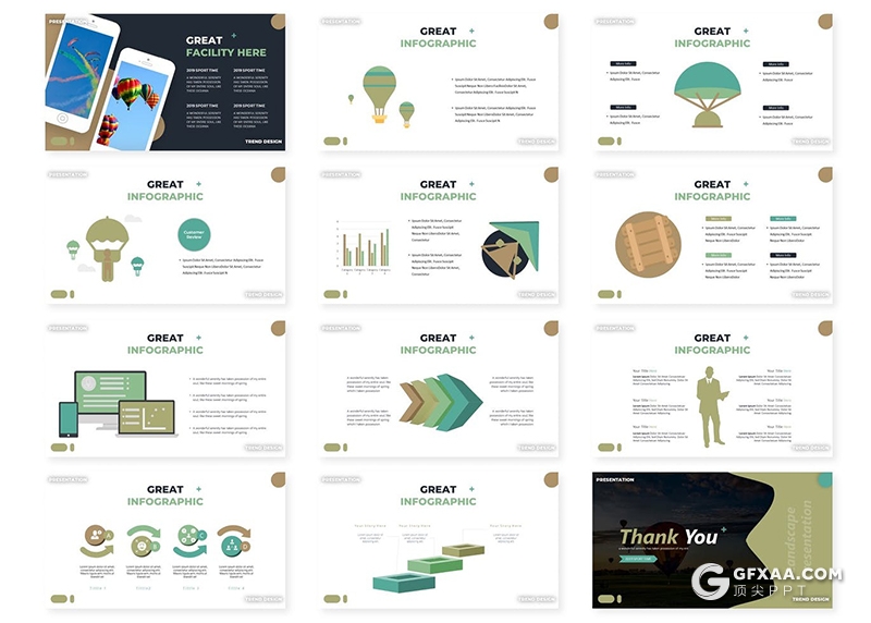 30页旅游度假热气球游玩分析统计PPT模板5种主题配色 - 顶尖PPT