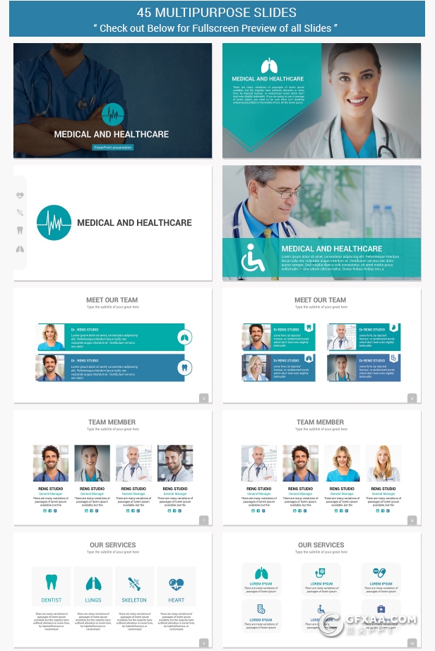 45页医学研究医学报告工作分析PPT模板10种主题配色16:9 4:3 A4三种尺寸PPT模板 - 顶尖PPT