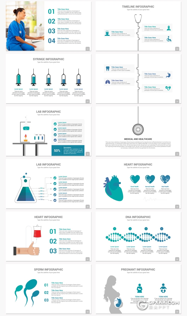 45页医学研究医学报告工作分析PPT模板10种主题配色16:9 4:3 A4三种尺寸PPT模板 - 顶尖PPT