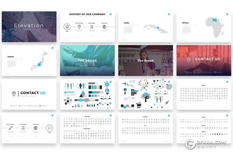 112页国外简约商务风格PPT模板 世界各国地图商务图形icon图标PPT素材 - 顶尖PPT