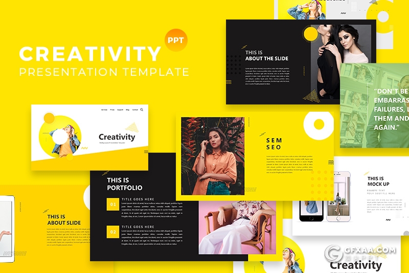 50页黄色创意图形搭配组合时尚艺术风格PPT模板 - 顶尖PPT