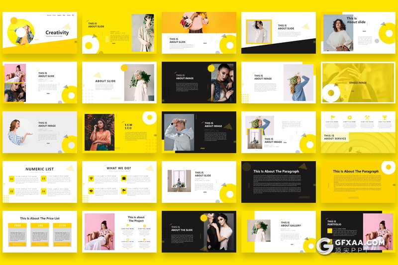 50页黄色创意图形搭配组合时尚艺术风格PPT模板 - 顶尖PPT