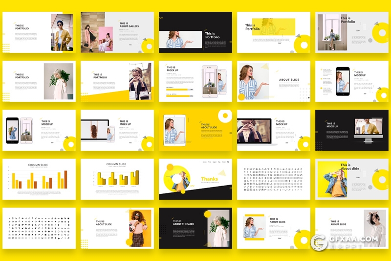 50页黄色创意图形搭配组合时尚艺术风格PPT模板 - 顶尖PPT
