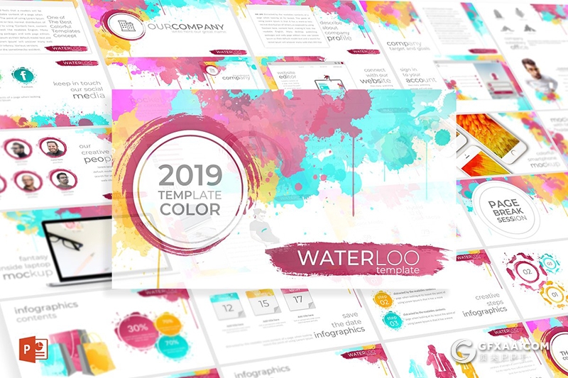 30页泼墨水彩风格商务多用途ppt模板 5种主题配色 - 顶尖PPT