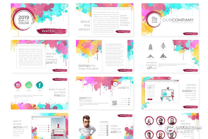 30页泼墨水彩风格商务多用途ppt模板 5种主题配色 - 顶尖PPT