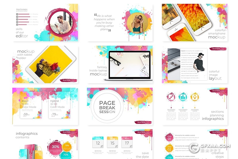 30页泼墨水彩风格商务多用途ppt模板 5种主题配色 - 顶尖PPT