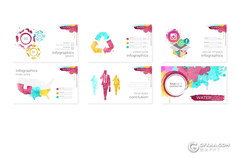 30页泼墨水彩风格商务多用途ppt模板 5种主题配色 - 顶尖PPT