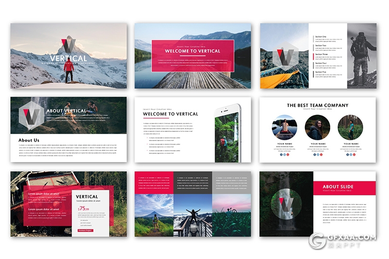 42页国外扁平化户外旅游探险摄影图片展示PPT模板 - 顶尖PPT