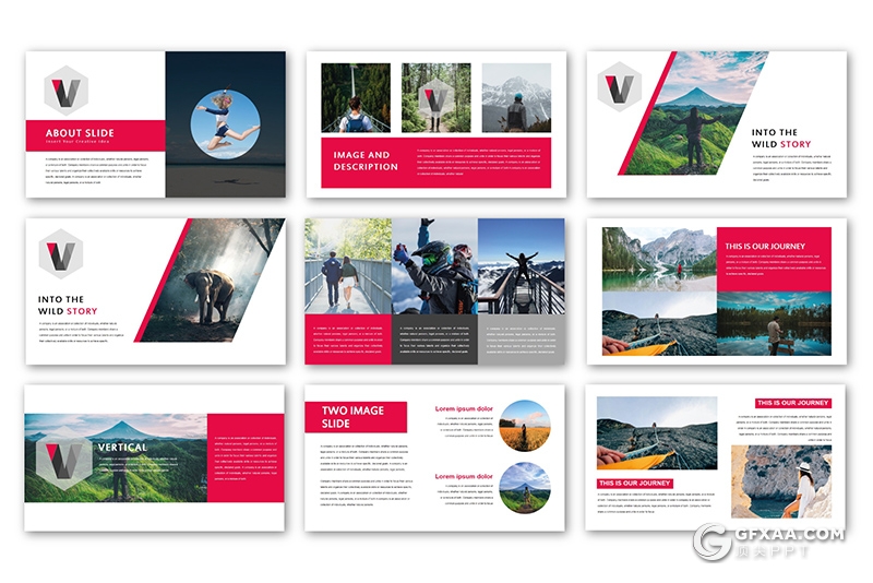 42页国外扁平化户外旅游探险摄影图片展示PPT模板 - 顶尖PPT