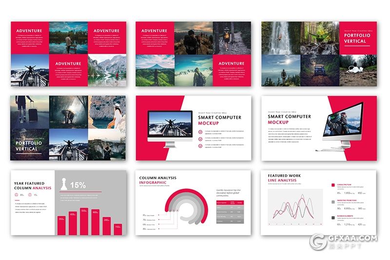 42页国外扁平化户外旅游探险摄影图片展示PPT模板 - 顶尖PPT