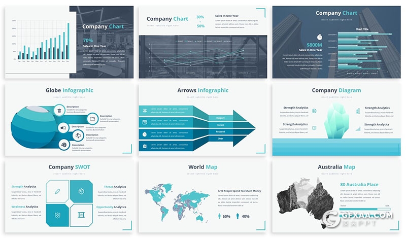 60页国外多色搭配商务图形工作计划总结PPT模板 - 顶尖PPT