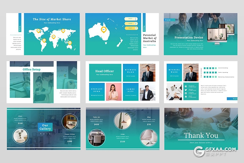 50页蓝绿渐变扁平化企业公司团队介绍通用keynote模板 - 顶尖PPT